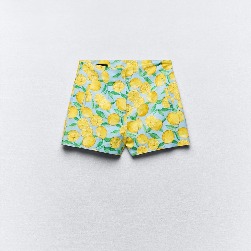 Zara High Waist Lemon Print Shorts - Yellow and Green